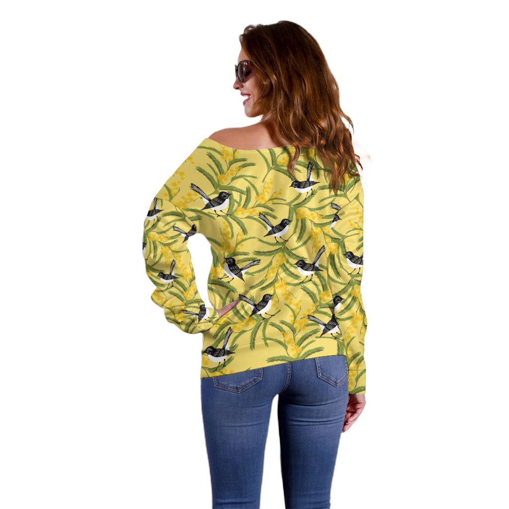 Australia Wattle Day Off Shoulder Sweater Acacia Pycnantha Willie Wagtail Seamless Style