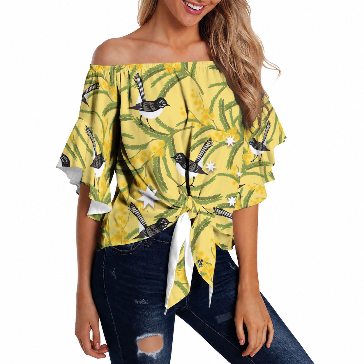 Australia Wattle Day Off Shoulder Wrap Waist Top Acacia Pycnantha Willie Wagtail Seamless Style