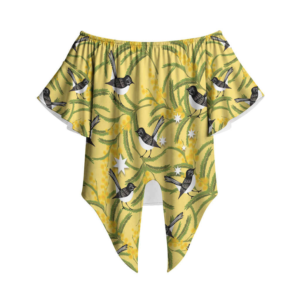 Australia Wattle Day Off Shoulder Wrap Waist Top Acacia Pycnantha Willie Wagtail Seamless Style