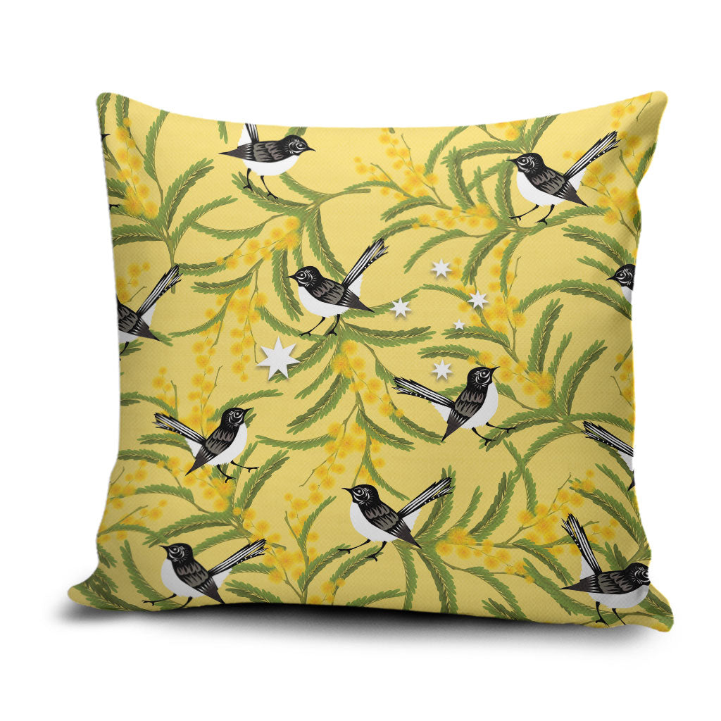 Australia Wattle Day Pillow Cover Acacia Pycnantha Willie Wagtail Seamless Style