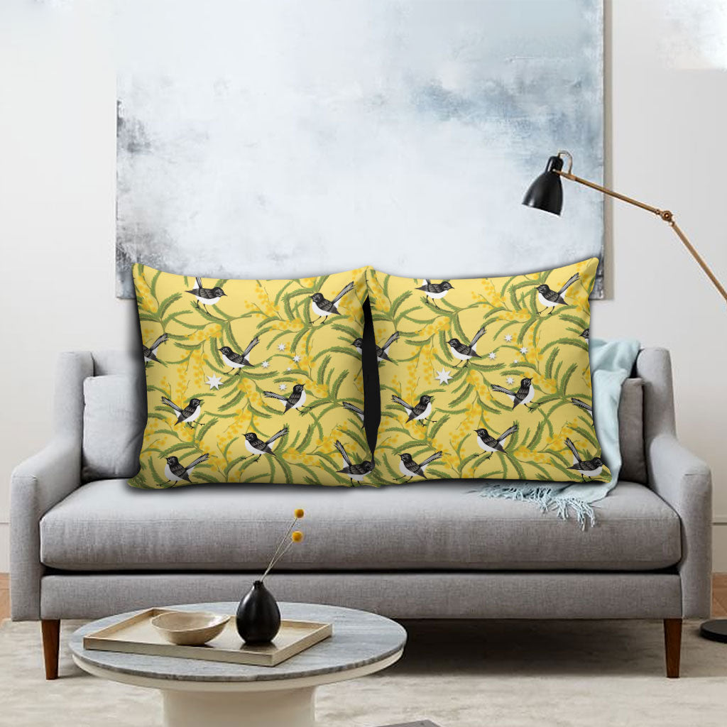 Australia Wattle Day Pillow Cover Acacia Pycnantha Willie Wagtail Seamless Style