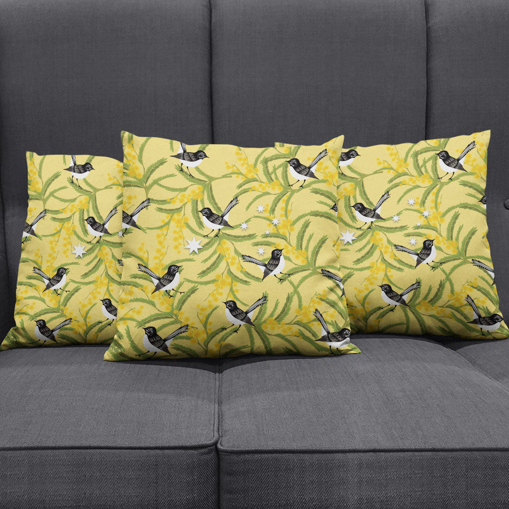 Australia Wattle Day Pillow Cover Acacia Pycnantha Willie Wagtail Seamless Style