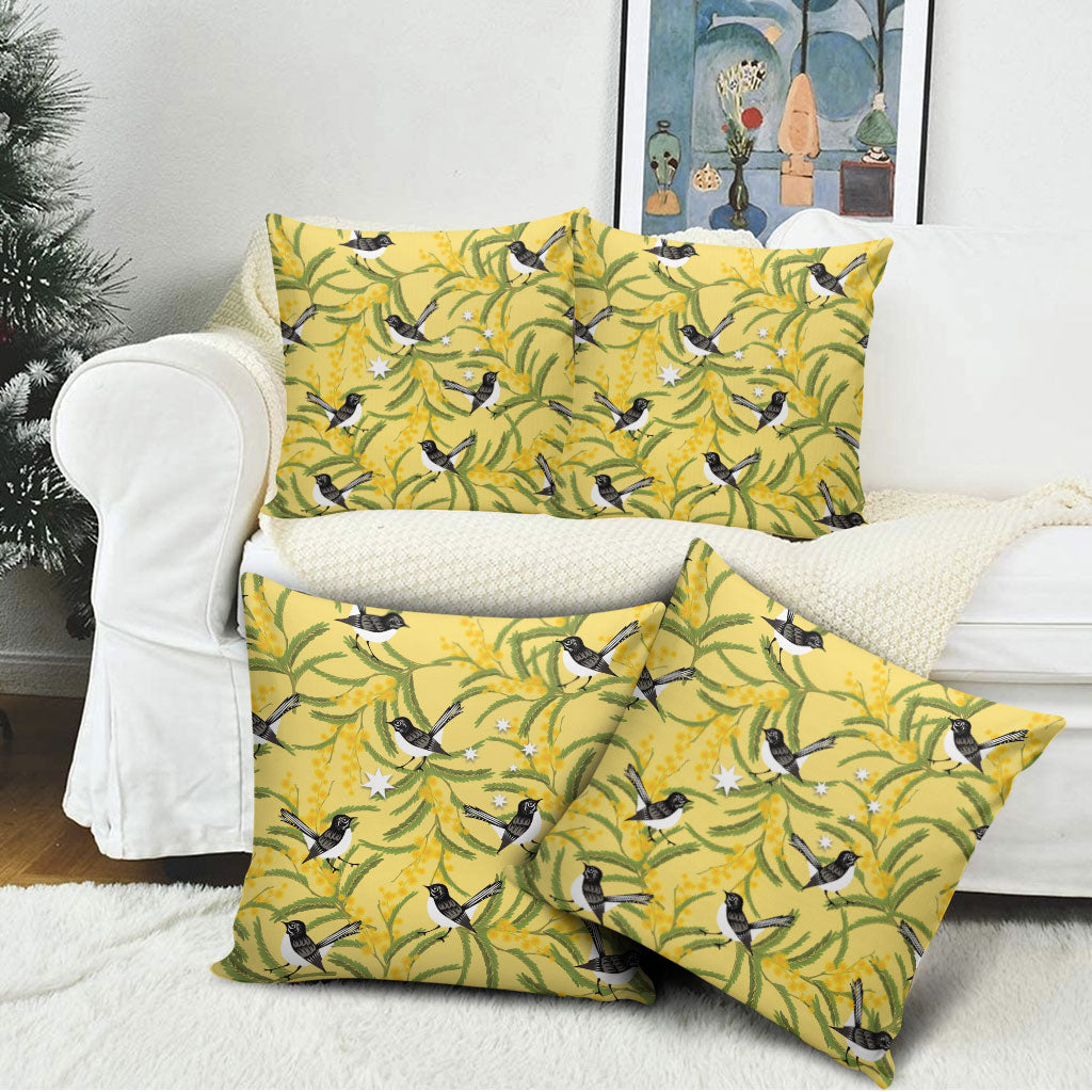 Australia Wattle Day Pillow Cover Acacia Pycnantha Willie Wagtail Seamless Style