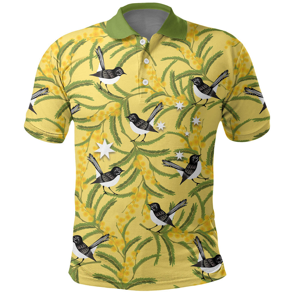 Australia Wattle Day Polo Shirt Acacia Pycnantha Willie Wagtail Seamless Style