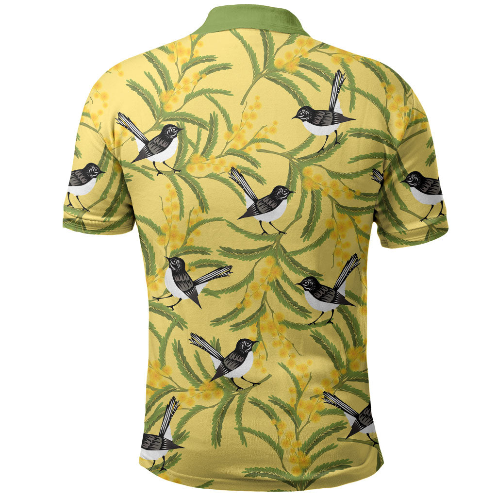 Australia Wattle Day Polo Shirt Acacia Pycnantha Willie Wagtail Seamless Style