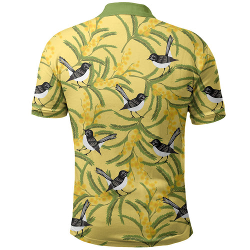 Australia Wattle Day Polo Shirt Acacia Pycnantha Willie Wagtail Seamless Style