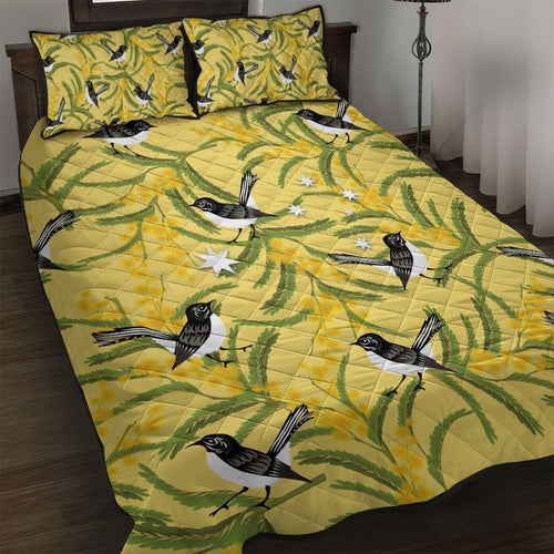 Australia Wattle Day Quilt Bed Set Acacia Pycnantha Willie Wagtail Seamless Style
