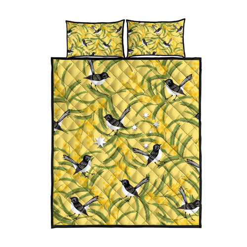 Australia Wattle Day Quilt Bed Set Acacia Pycnantha Willie Wagtail Seamless Style