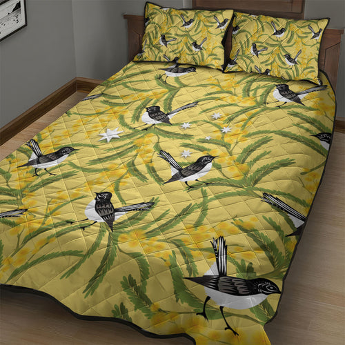 Australia Wattle Day Quilt Bed Set Acacia Pycnantha Willie Wagtail Seamless Style