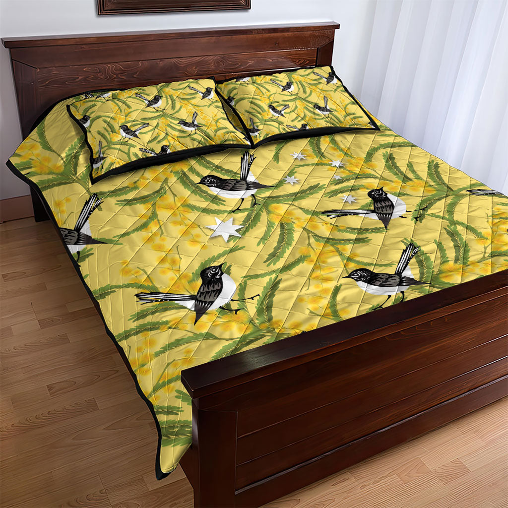 Australia Wattle Day Quilt Bed Set Acacia Pycnantha Willie Wagtail Seamless Style