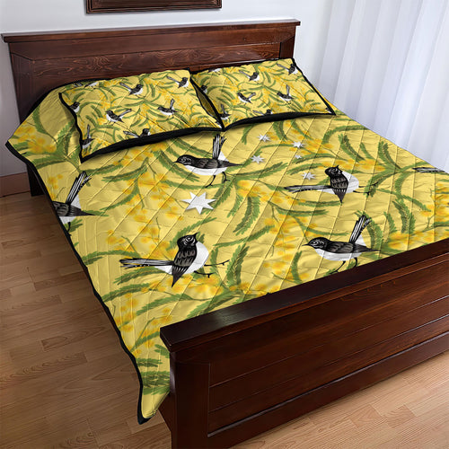 Australia Wattle Day Quilt Bed Set Acacia Pycnantha Willie Wagtail Seamless Style