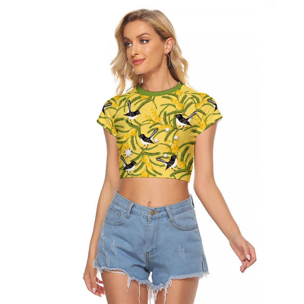 Australia Wattle Day Raglan Cropped T Shirt Acacia Pycnantha Willie Wagtail Seamless Style