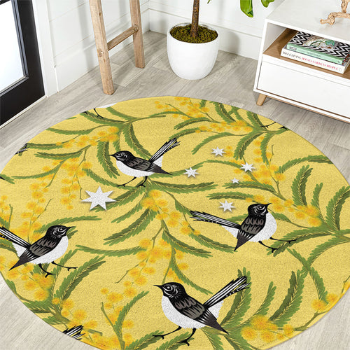 Australia Wattle Day Round Carpet Acacia Pycnantha Willie Wagtail Seamless Style