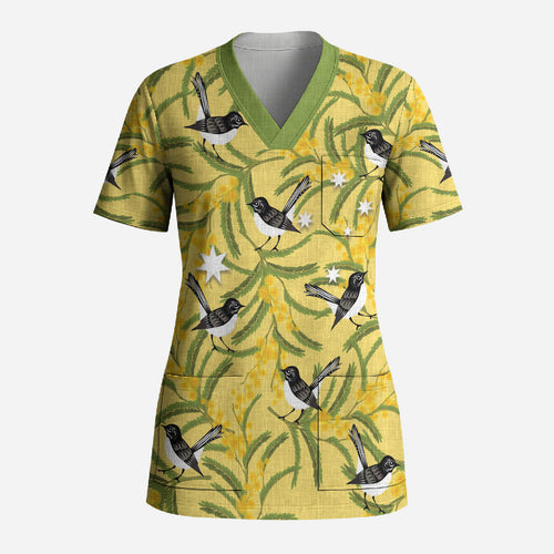 Australia Wattle Day Scrub Top Acacia Pycnantha Willie Wagtail Seamless Style