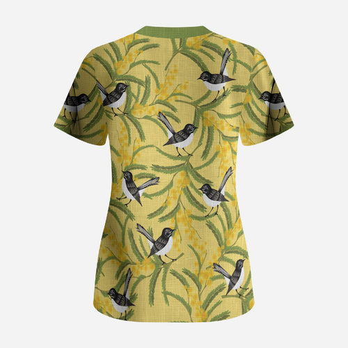 Australia Wattle Day Scrub Top Acacia Pycnantha Willie Wagtail Seamless Style