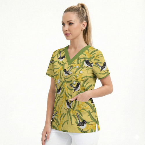 Australia Wattle Day Scrub Top Acacia Pycnantha Willie Wagtail Seamless Style