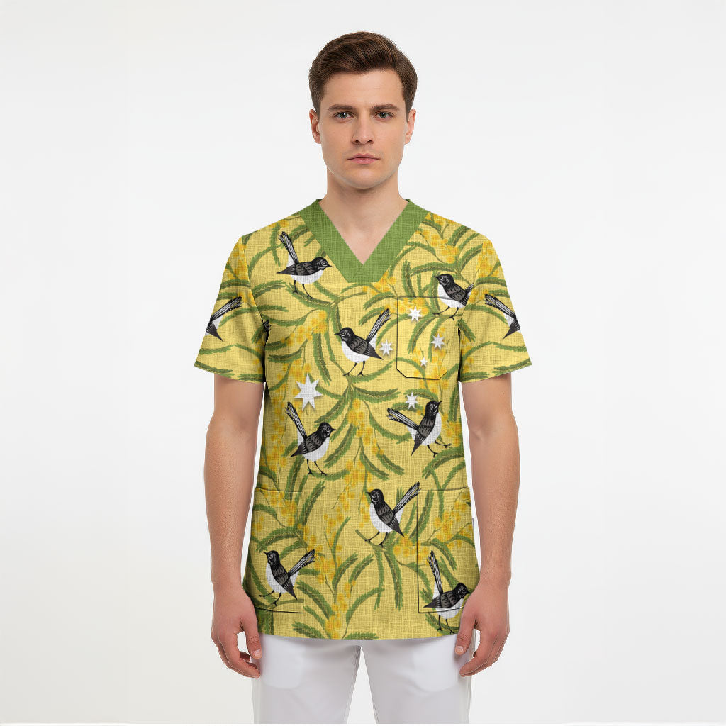 Australia Wattle Day Scrub Top Acacia Pycnantha Willie Wagtail Seamless Style