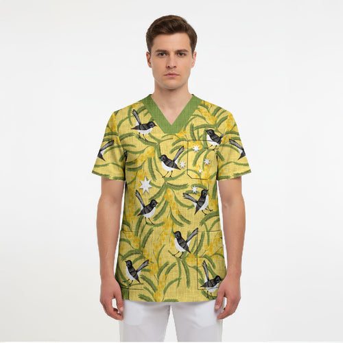 Australia Wattle Day Scrub Top Acacia Pycnantha Willie Wagtail Seamless Style