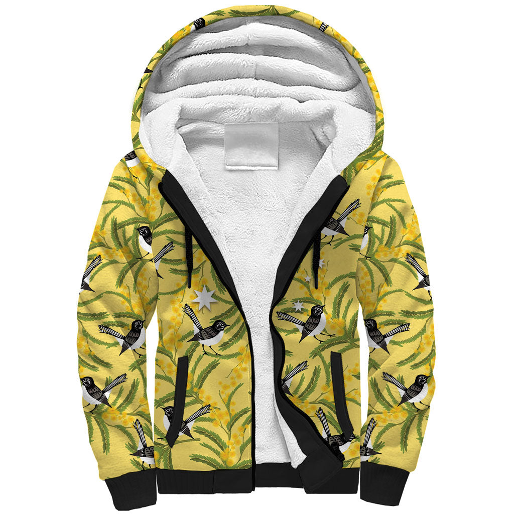 Australia Wattle Day Sherpa Hoodie Acacia Pycnantha Willie Wagtail Seamless Style