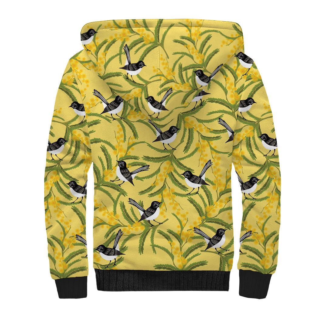 Australia Wattle Day Sherpa Hoodie Acacia Pycnantha Willie Wagtail Seamless Style