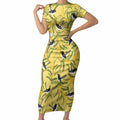 Australia Wattle Day Short Sleeve Bodycon Dress Acacia Pycnantha Willie Wagtail Seamless Style