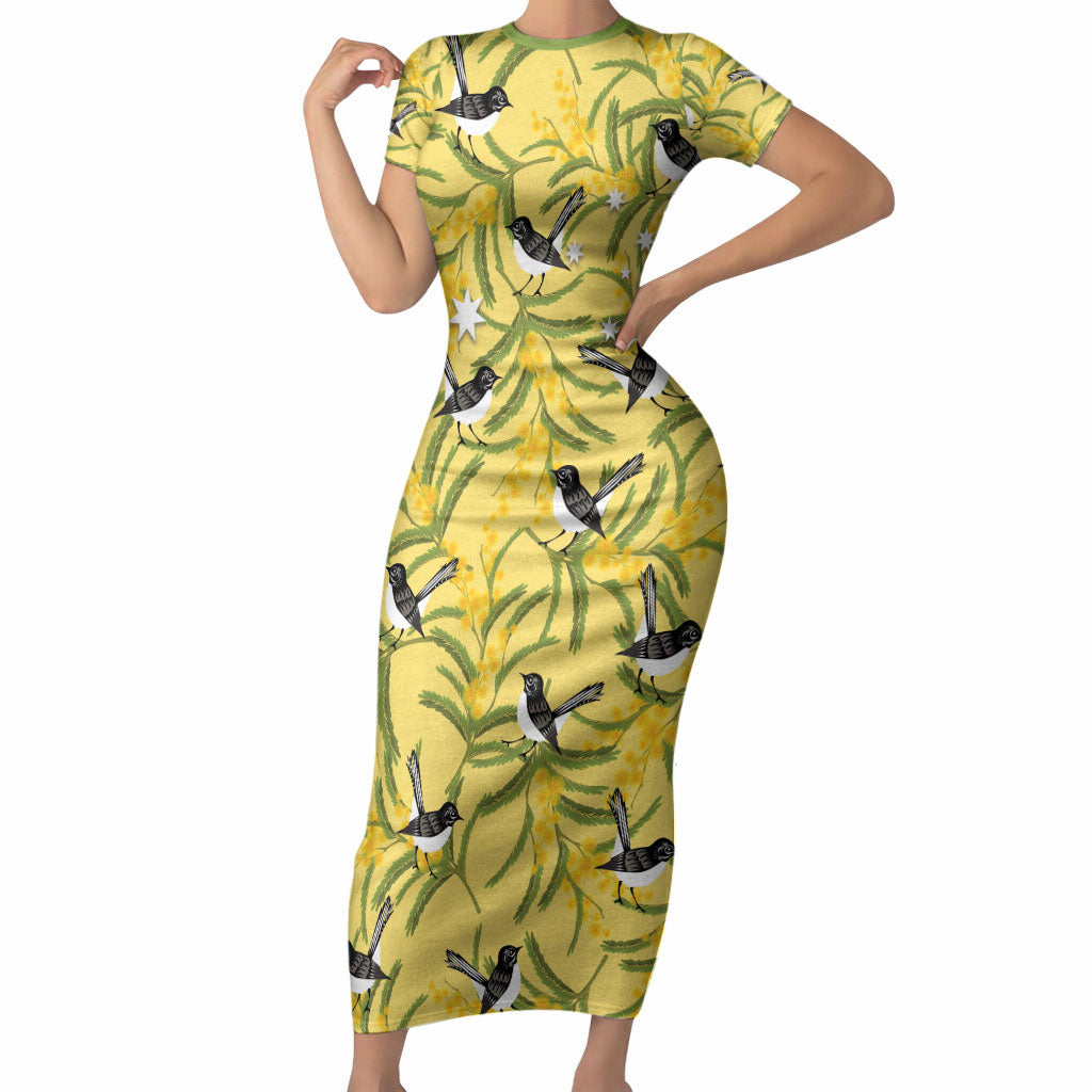 Australia Wattle Day Short Sleeve Bodycon Dress Acacia Pycnantha Willie Wagtail Seamless Style