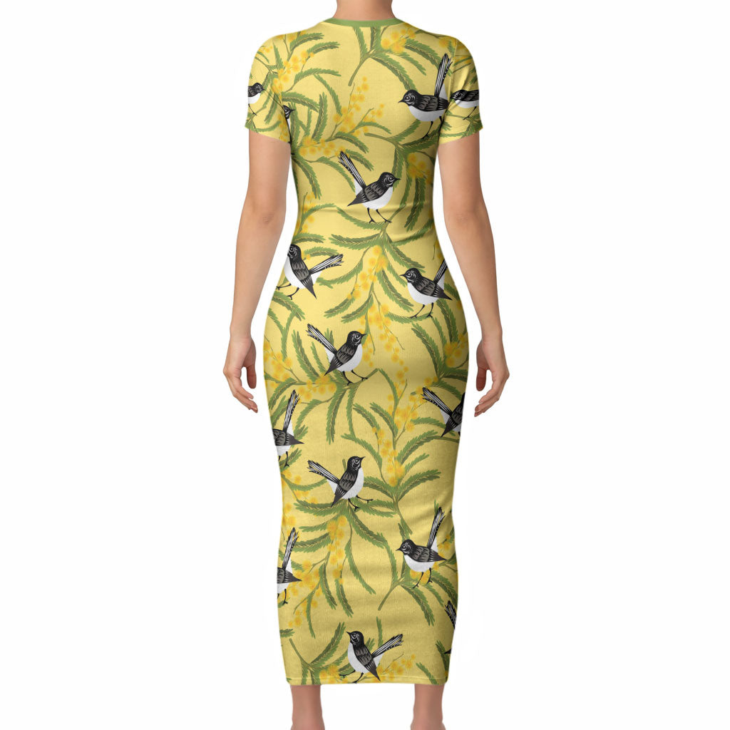 Australia Wattle Day Short Sleeve Bodycon Dress Acacia Pycnantha Willie Wagtail Seamless Style