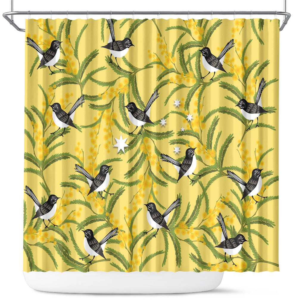 Australia Wattle Day Shower Curtain Acacia Pycnantha Willie Wagtail Seamless Style