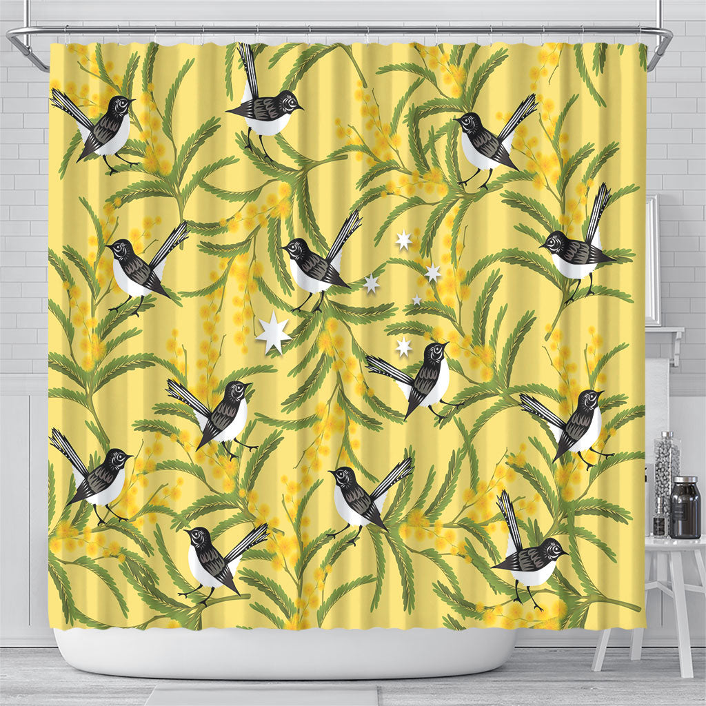 Australia Wattle Day Shower Curtain Acacia Pycnantha Willie Wagtail Seamless Style