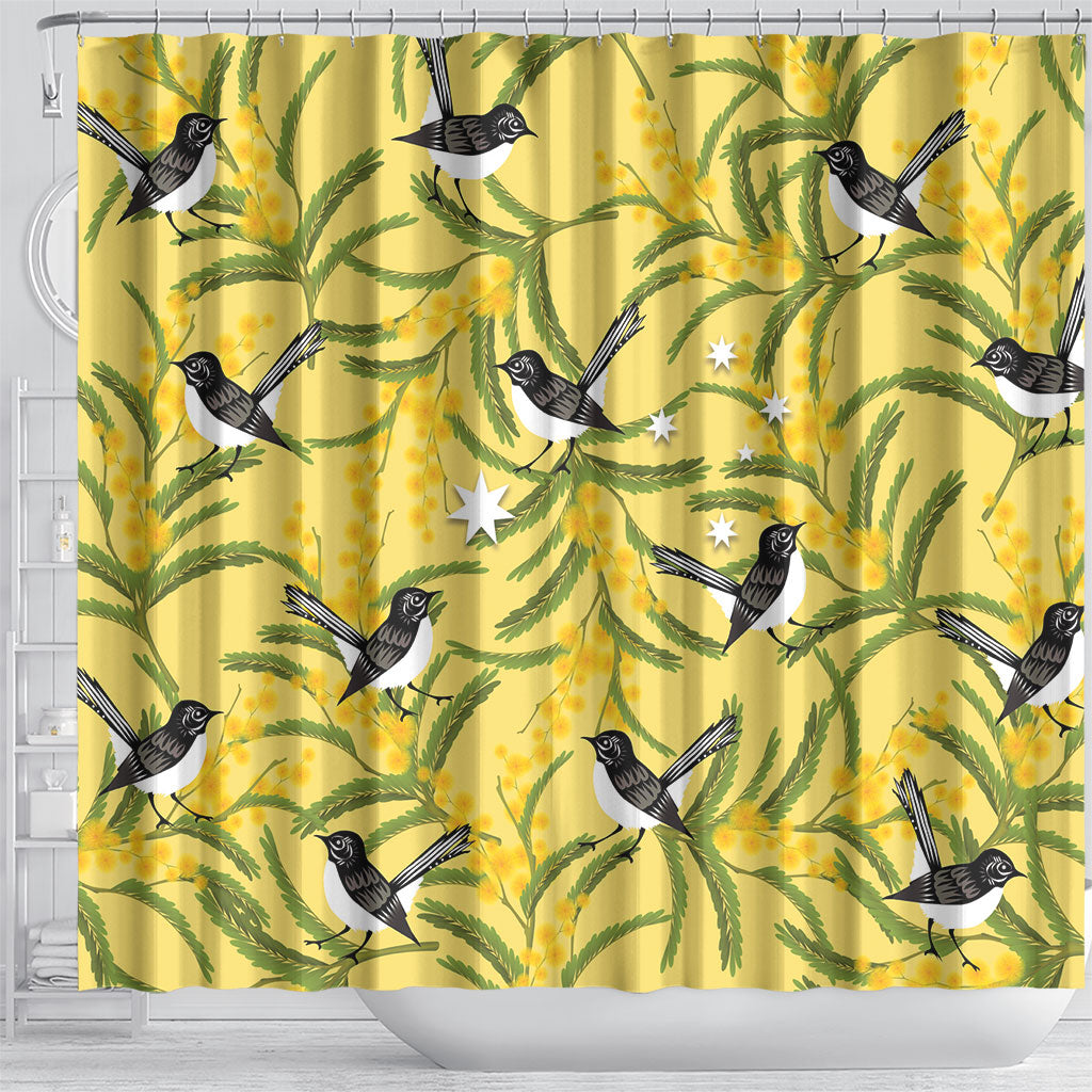 Australia Wattle Day Shower Curtain Acacia Pycnantha Willie Wagtail Seamless Style