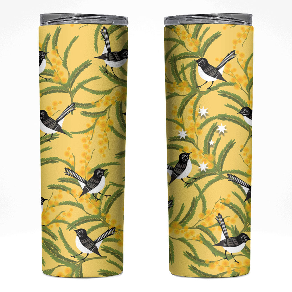 Australia Wattle Day Skinny Tumbler Acacia Pycnantha Willie Wagtail Seamless Style