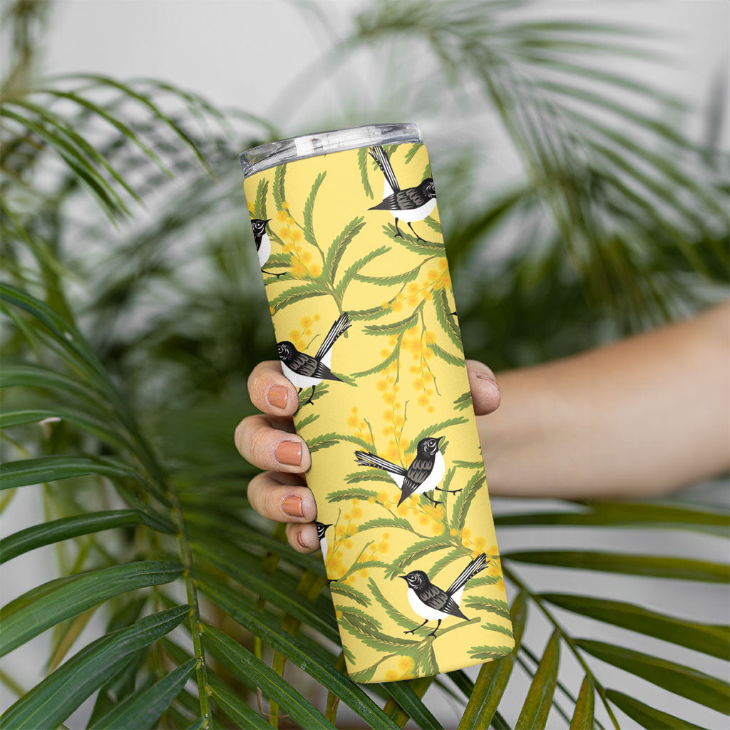 Australia Wattle Day Skinny Tumbler Acacia Pycnantha Willie Wagtail Seamless Style