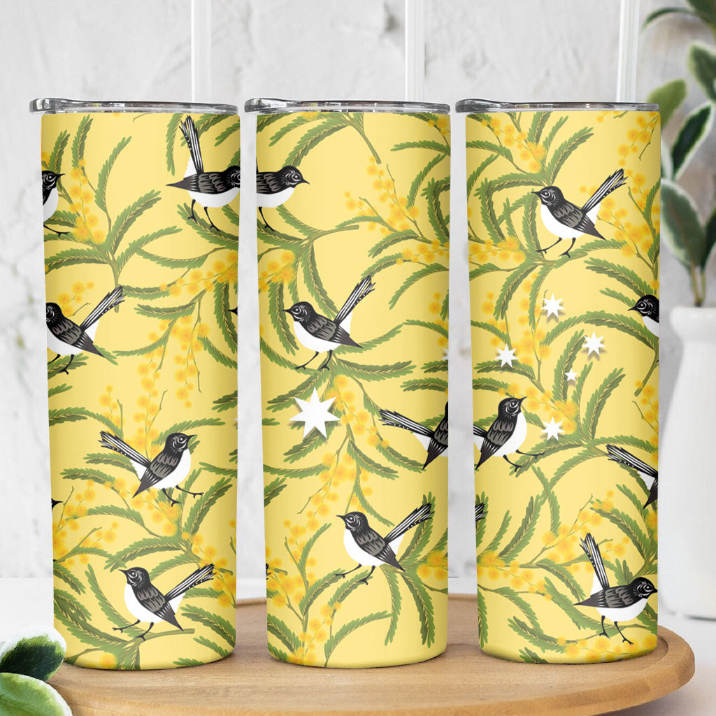 Australia Wattle Day Skinny Tumbler Acacia Pycnantha Willie Wagtail Seamless Style