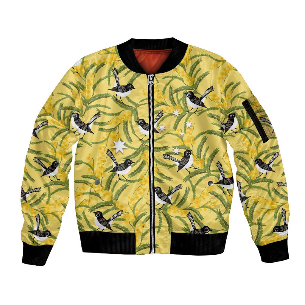 Australia Wattle Day Sleeve Zip Bomber Jacket Acacia Pycnantha Willie Wagtail Seamless Style