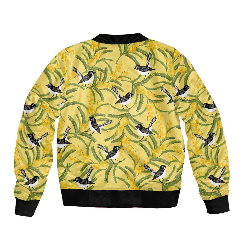 Australia Wattle Day Sleeve Zip Bomber Jacket Acacia Pycnantha Willie Wagtail Seamless Style