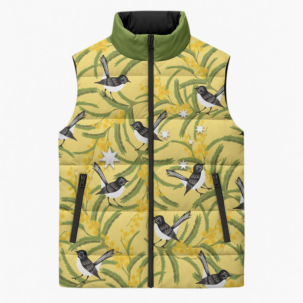 Australia Wattle Day Sleeveless Puffer Jacket Acacia Pycnantha Willie Wagtail Seamless Style