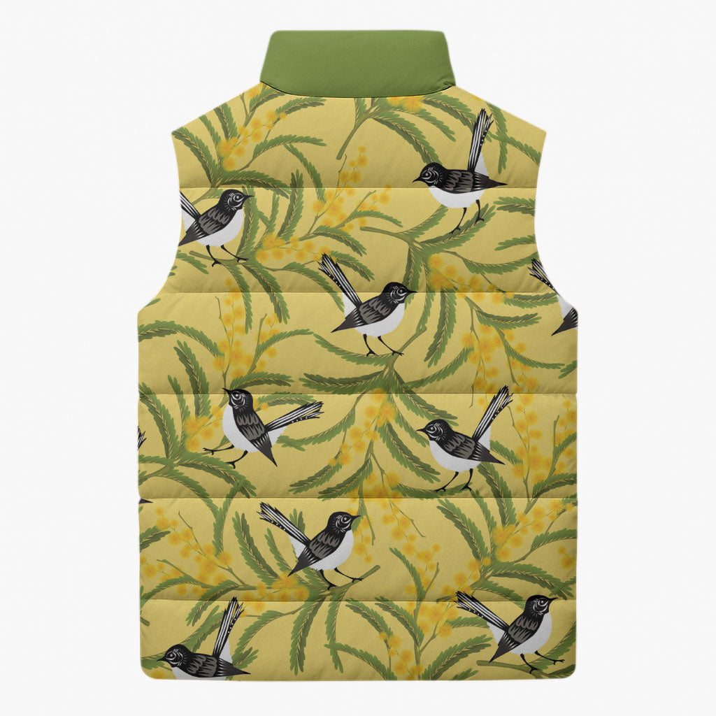 Australia Wattle Day Sleeveless Puffer Jacket Acacia Pycnantha Willie Wagtail Seamless Style