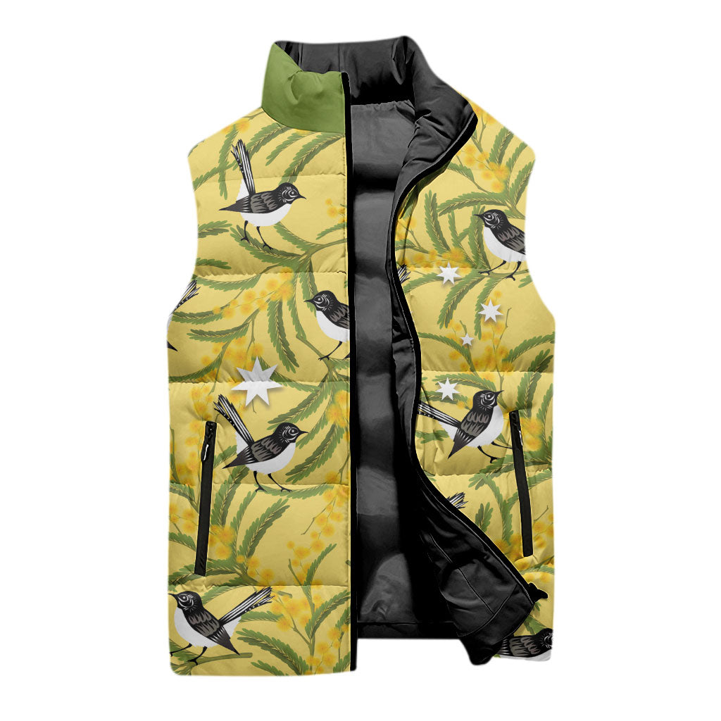 Australia Wattle Day Sleeveless Puffer Jacket Acacia Pycnantha Willie Wagtail Seamless Style