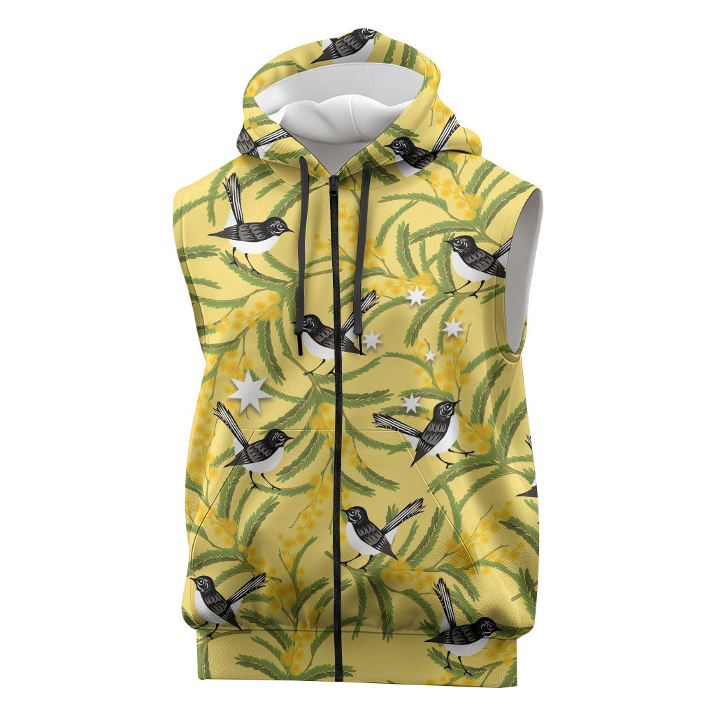 Australia Wattle Day Sleeveless Zip Hoodie Acacia Pycnantha Willie Wagtail Seamless Style