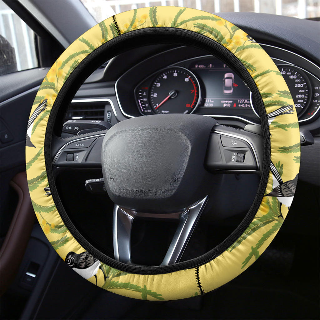 Australia Wattle Day Steering Wheel Cover Acacia Pycnantha Willie Wagtail Seamless Style