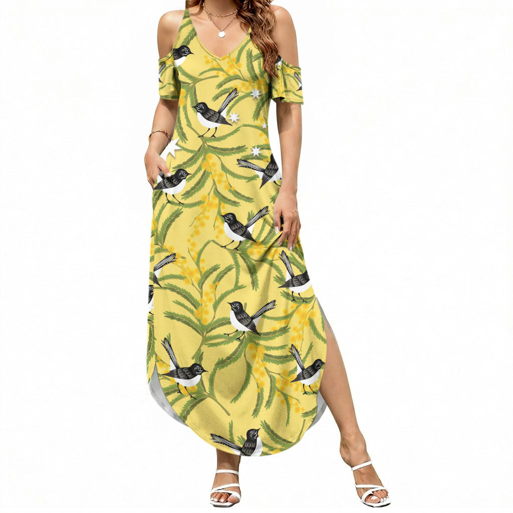 Australia Wattle Day Summer Maxi Dress Acacia Pycnantha Willie Wagtail Seamless Style
