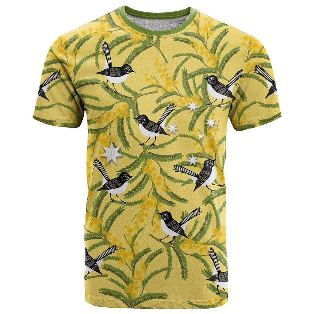 Australia Wattle Day T Shirt Acacia Pycnantha Willie Wagtail Seamless Style