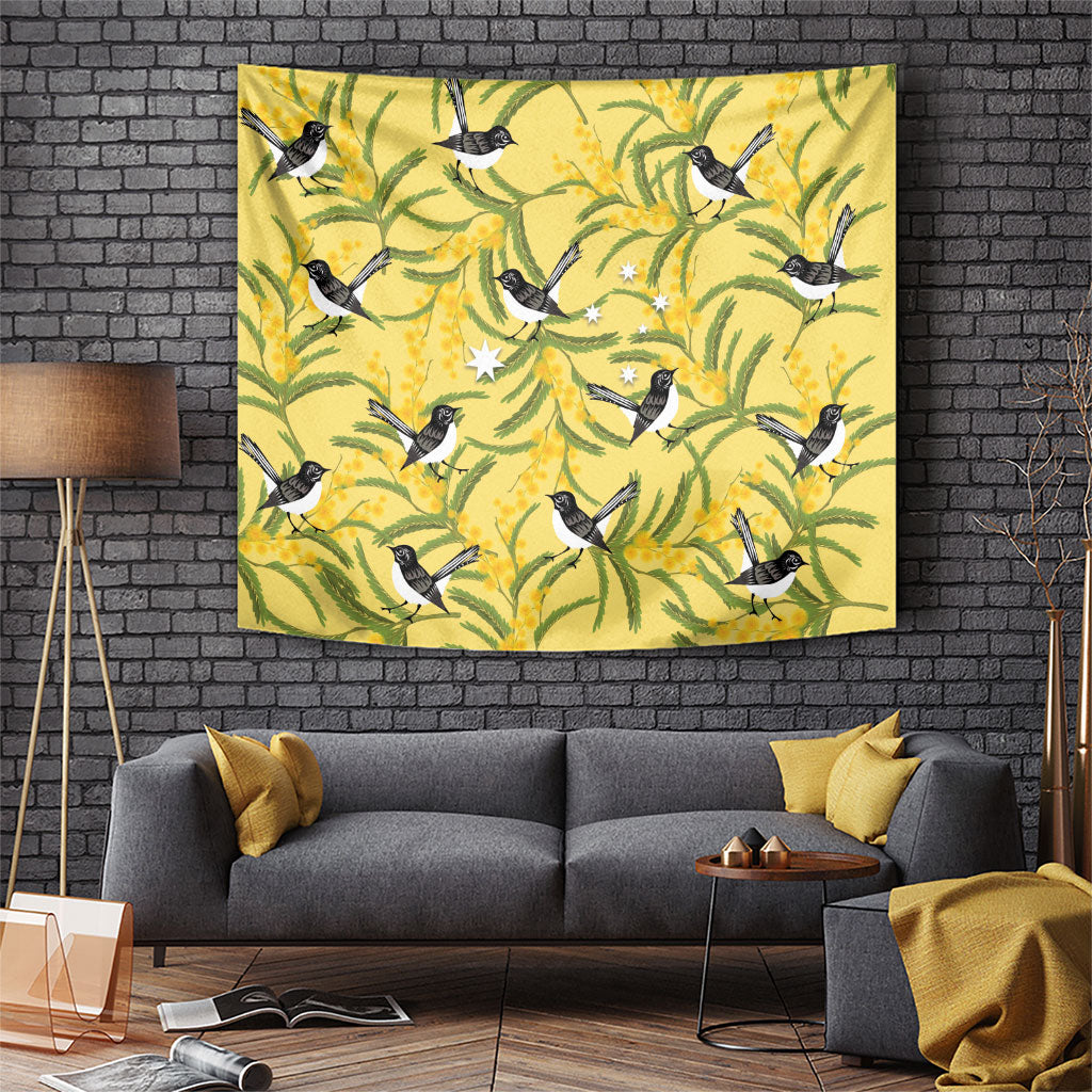 Australia Wattle Day Tapestry Acacia Pycnantha Willie Wagtail Seamless Style