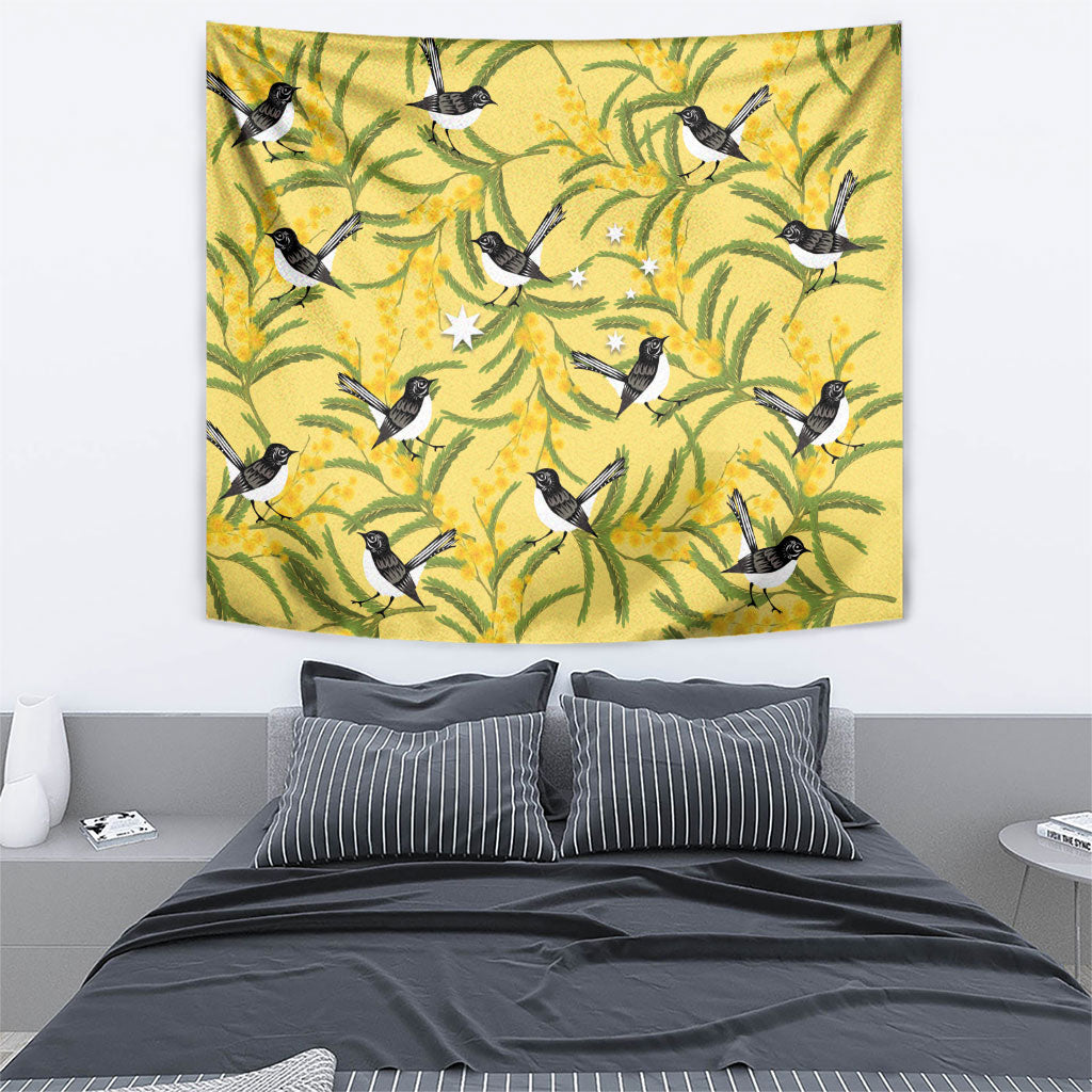 Australia Wattle Day Tapestry Acacia Pycnantha Willie Wagtail Seamless Style