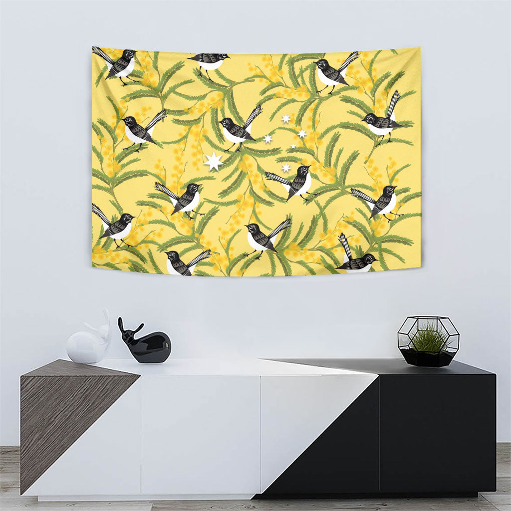 Australia Wattle Day Tapestry Acacia Pycnantha Willie Wagtail Seamless Style