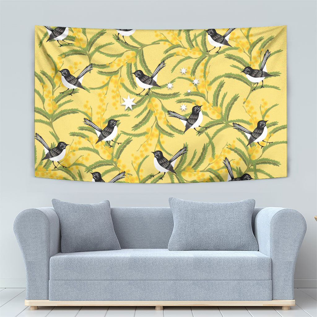 Australia Wattle Day Tapestry Acacia Pycnantha Willie Wagtail Seamless Style