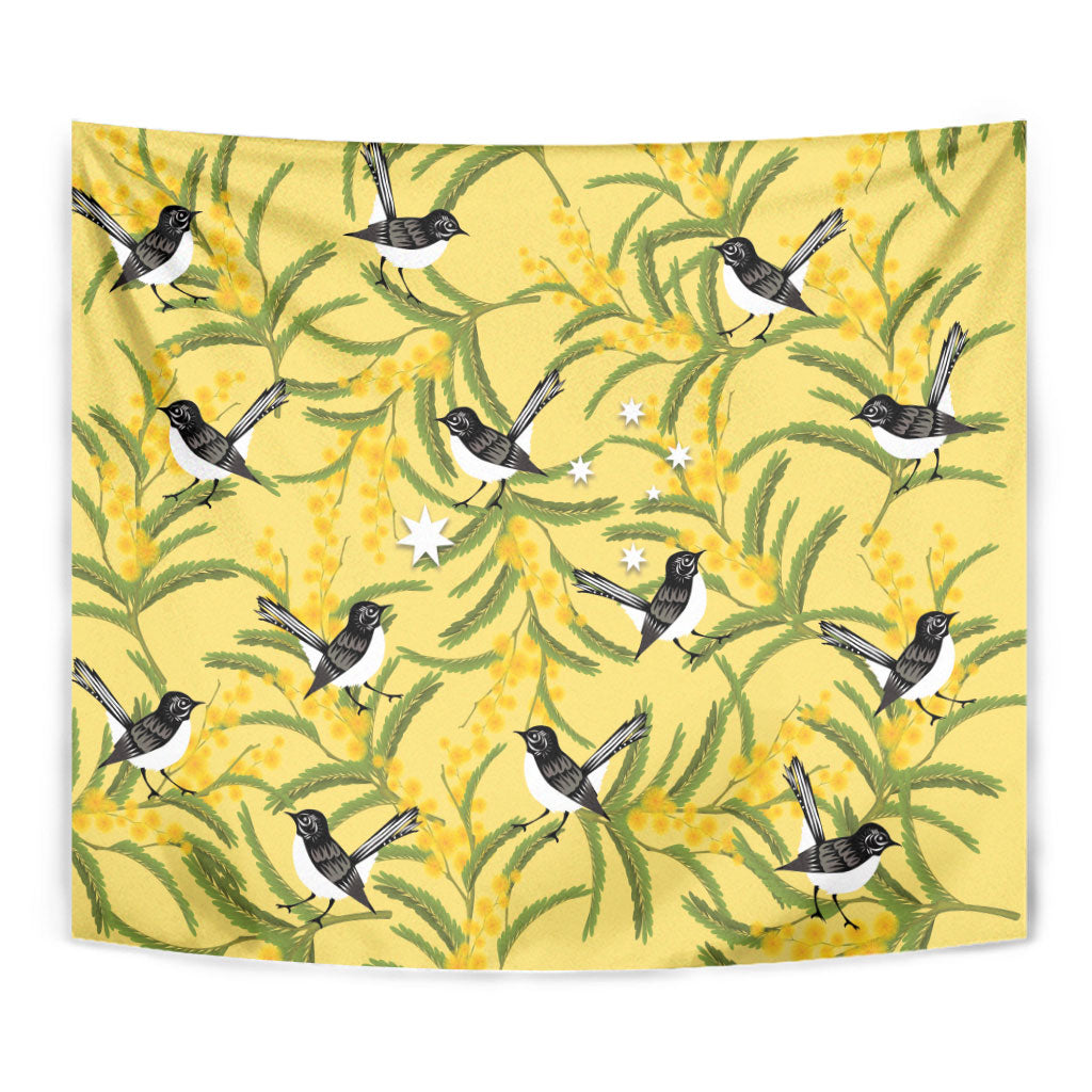 Australia Wattle Day Tapestry Acacia Pycnantha Willie Wagtail Seamless Style