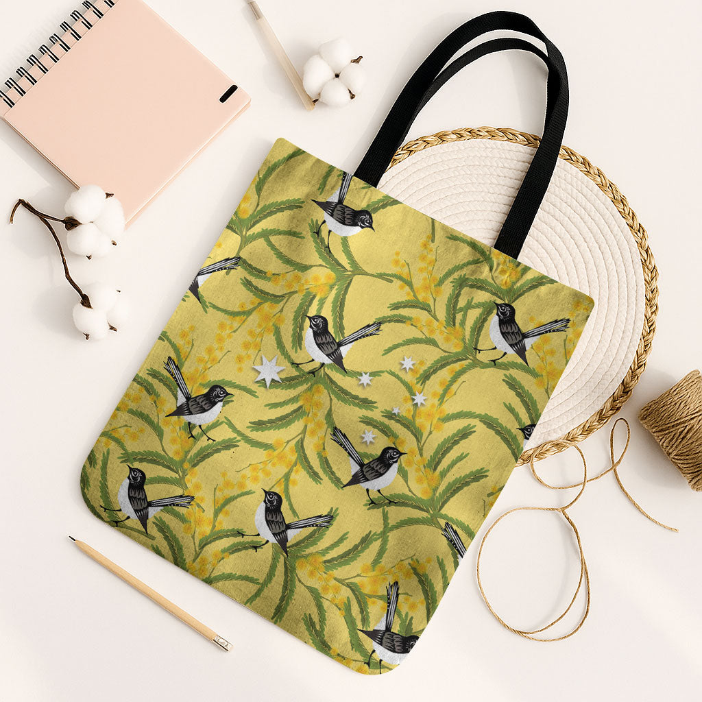Australia Wattle Day Tote Bag Acacia Pycnantha Willie Wagtail Seamless Style