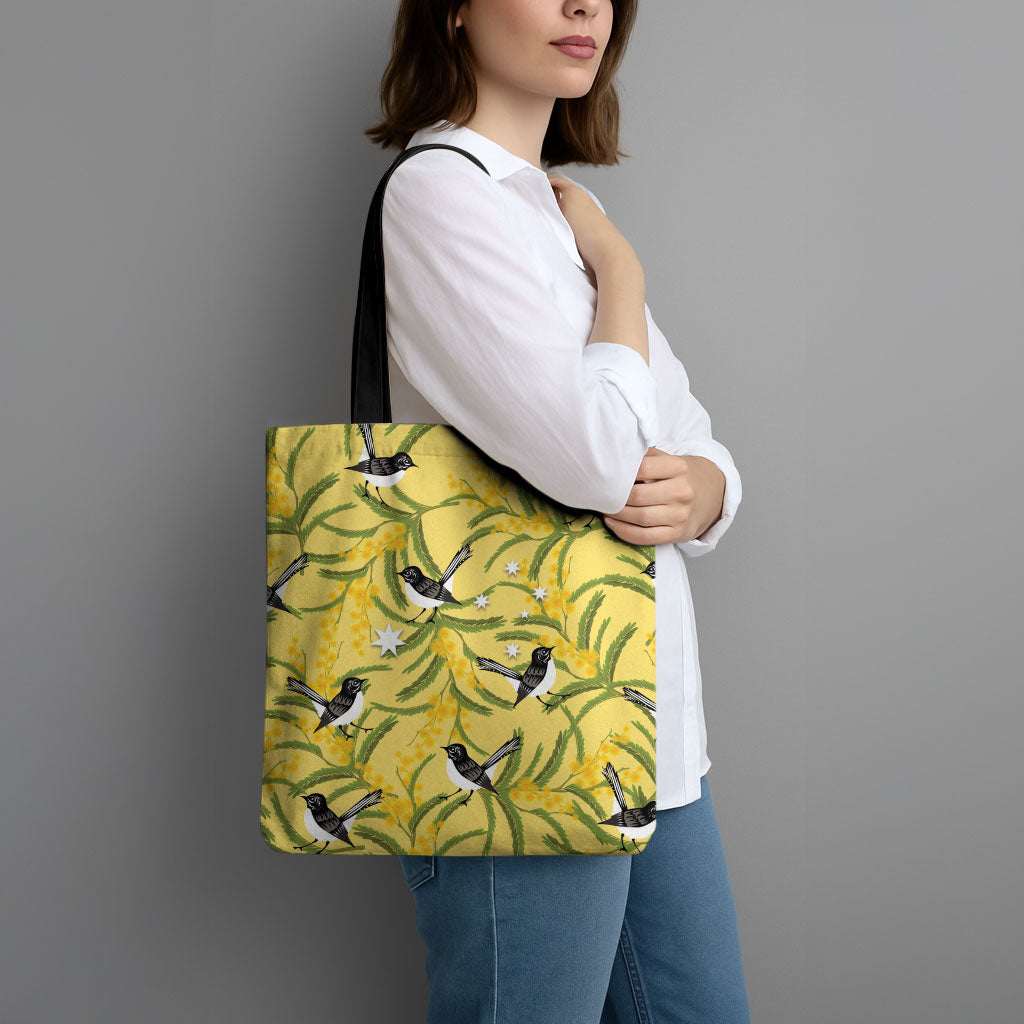 Australia Wattle Day Tote Bag Acacia Pycnantha Willie Wagtail Seamless Style