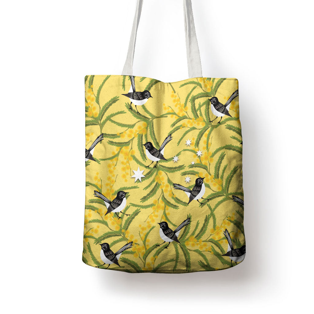 Australia Wattle Day Tote Bag Acacia Pycnantha Willie Wagtail Seamless Style